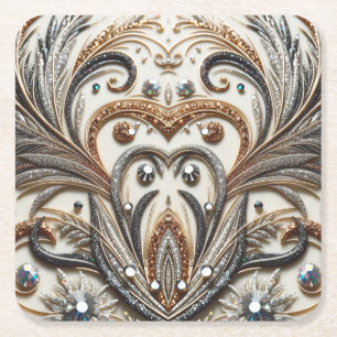Glittering floral pattern with gemstone square paper coaster