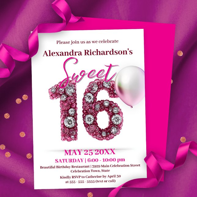 Glittering Gemstones and Pink Balloon Sweet 16 Invitation (Creator Uploaded)