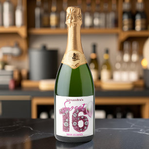 Glittering Gemstones and Pink Balloon Sweet 16 Sparkling Wine Label