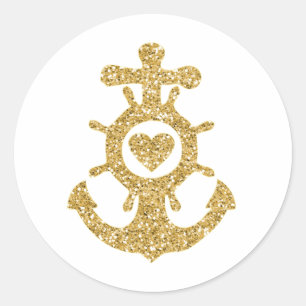 Glittering Gold Anchor with Heart Classic Round Sticker