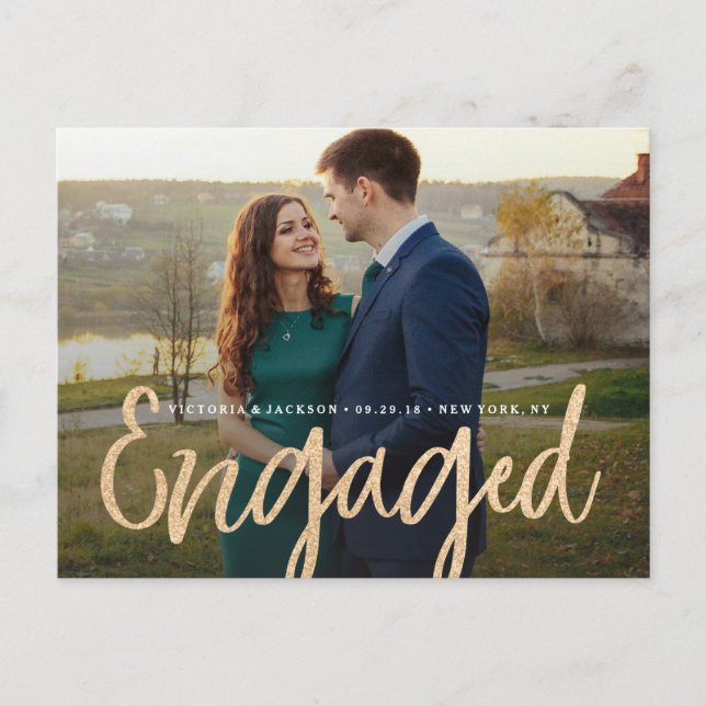 Glittering Gold Engagement Save the Date Postcard (Front)