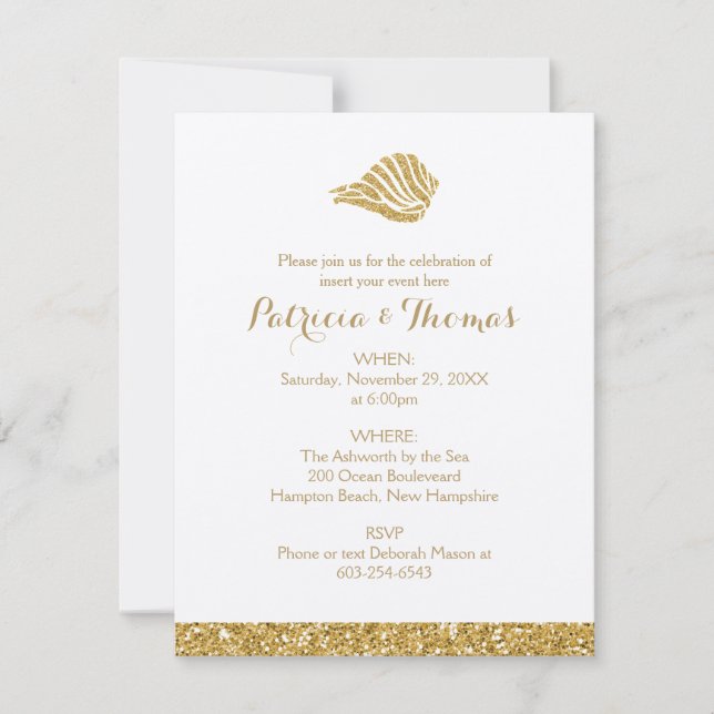Glittering Gold Invitations | Sea Shell (Front)