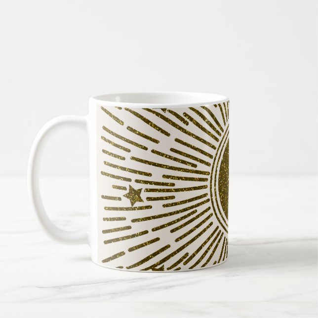 Glittering golden sun, vintage rays. coffee mug (Left)