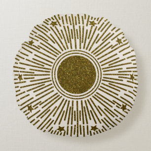 Glittering golden sun, vintage rays. round cushion