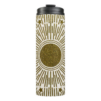 Glittering golden sun, vintage rays. thermal tumbler