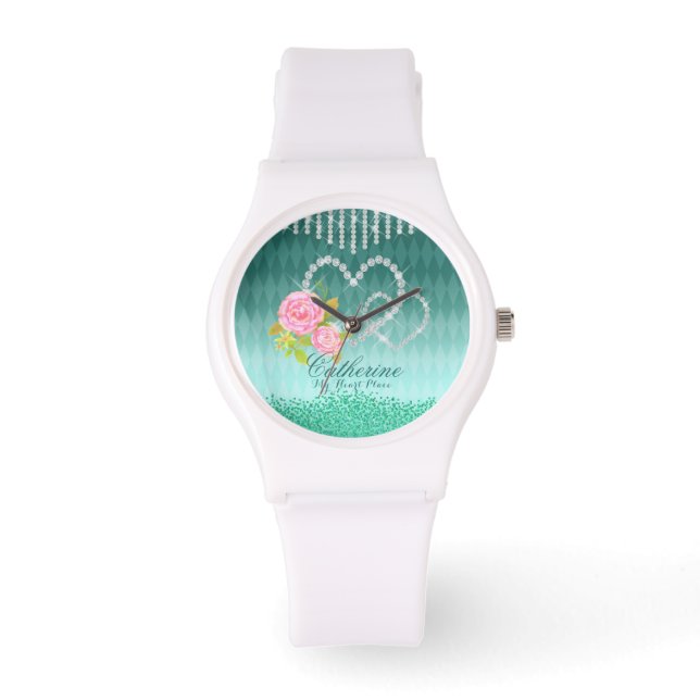Glittering Hearts Floral Aqua Watch (Front)