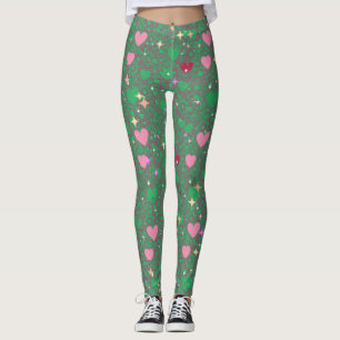 Glittering Hearts Pattern 01 Green BG Leggings