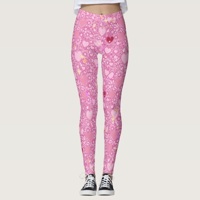 Glittering Hearts Pattern 01 LPink BG Leggings (Front)