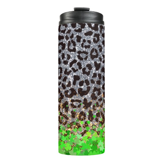 Glittering Leopard Print with Shamrock Overlay Thermal Tumbler (Front)