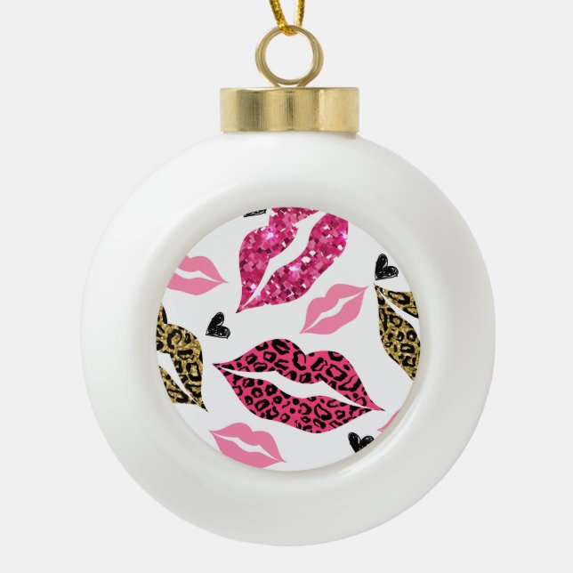 Glittering Lips: Leopard Fashion Pattern Ceramic Ball Christmas Ornament (Front)