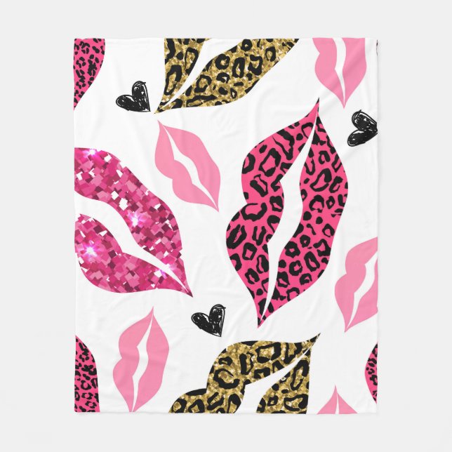Glittering Lips: Leopard Fashion Pattern Fleece Blanket (Front)