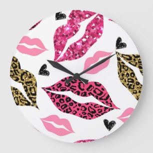 Glittering Lips: Leopard Fashion Pattern Large Clock