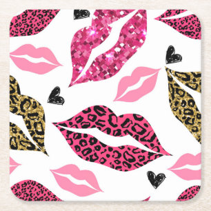Glittering Lips: Leopard Fashion Pattern Square Paper Coaster
