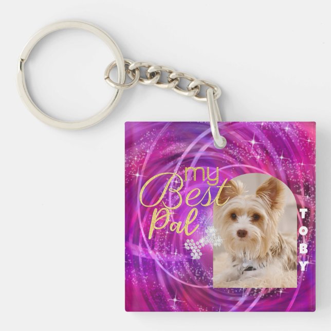 Glittering Pet Dog Photo Mangenta  Key Ring (Front)