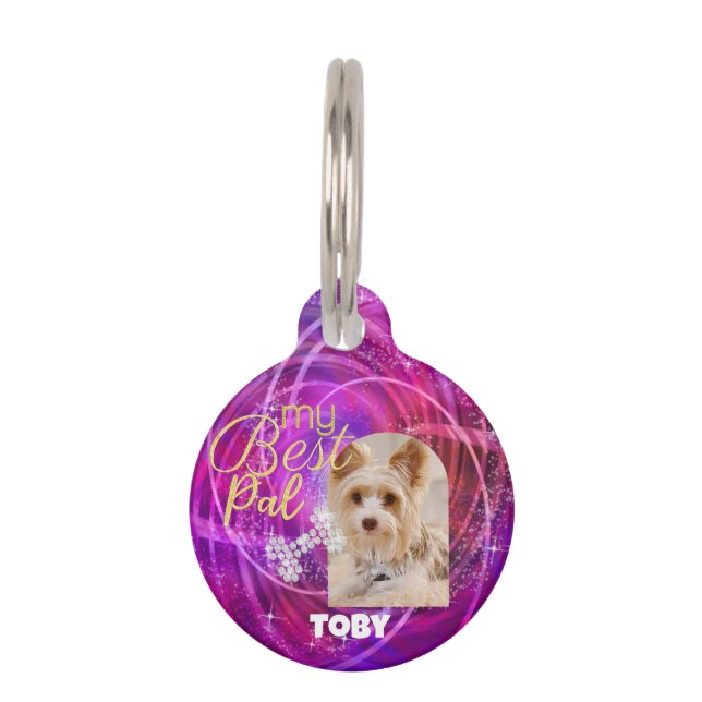 Glittering Pet Dog Photo Mangenta  Tag (Front)