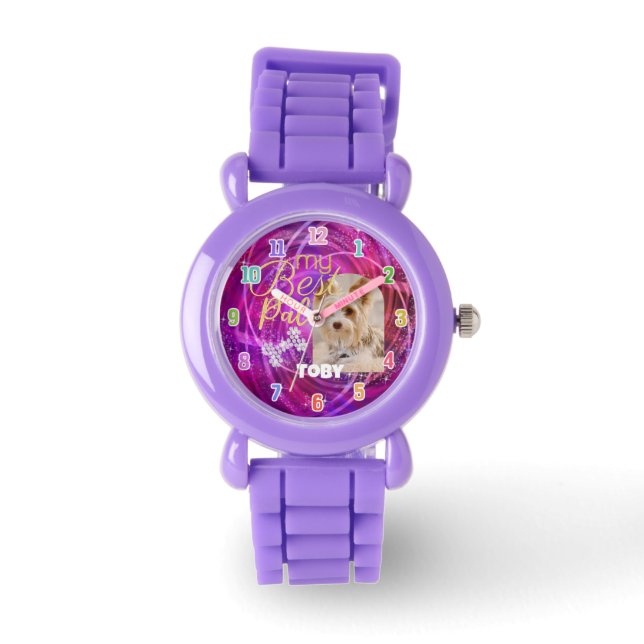Glittering Pet Dog Photo Mangenta  Watch (Front)