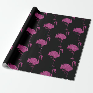 Glittering Pink Flamingos Tiled Pattern On Black Wrapping Paper