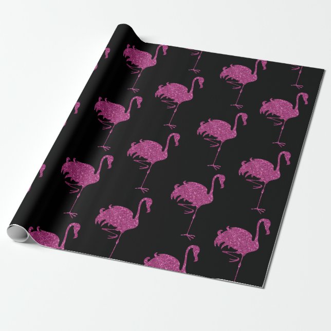 Glittering Pink Flamingos Tiled Pattern On Black Wrapping Paper (Unrolled)
