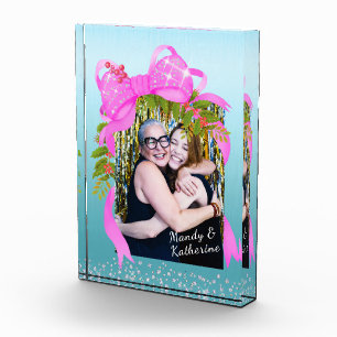 Glittering Pink Ribbon Christmas Blue Photo Block