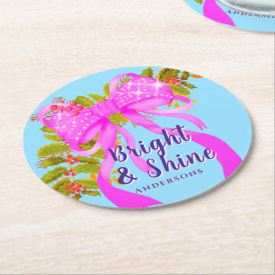 Glittering Pink Ribbon Christmas Blue Round Paper Coaster