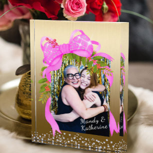 Glittering Pink Ribbon Christmas Gold Photo Block
