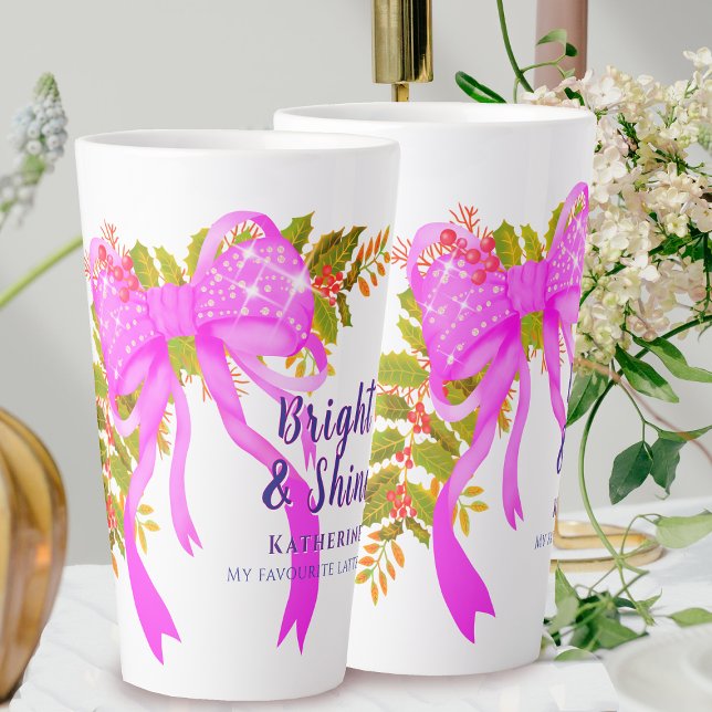 Glittering Pink Ribbon Christmas Latte Mug (Glittering Pink Ribbon Christmas Design.)