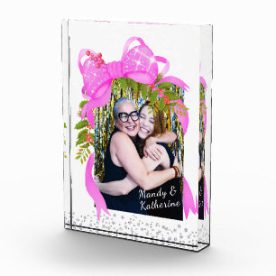 Glittering Pink Ribbon Christmas Photo Block