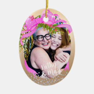 Glittering Pink Ribbon Photo  Christmas Gold Ceramic Tree Decoration