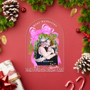 Glittering Pink Ribbon Photo Christmas Pink Acrylic Invitations