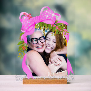 Glittering Pink Ribbon Photo Christmas Pink Acrylic Sign