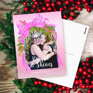 Glittering Pink Ribbon Photo Christmas Pink Postcard