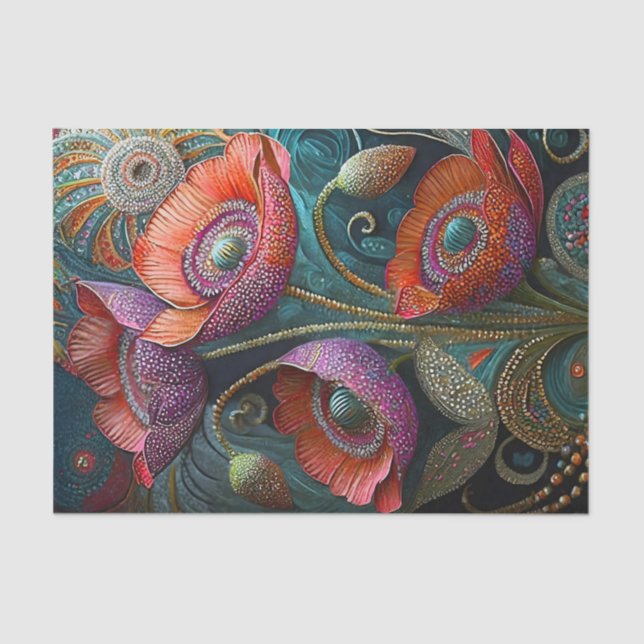 Glittering Poppy Love, Embellished Garden Finery Tissue Paper (Front)