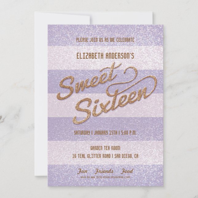 Glittering Purple Bold Stripes Sweet Sixteen Party Invitation (Front)