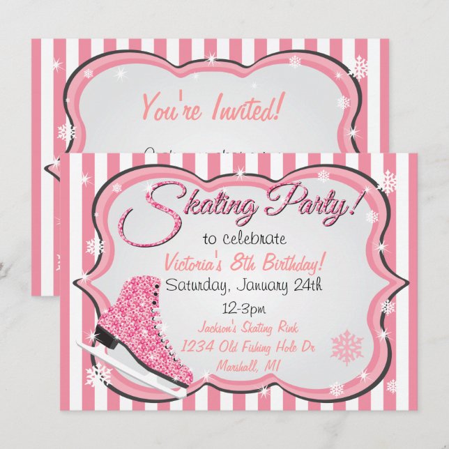 Glittering Sequin Pink Ice Skating Party Invites (Front/Back)