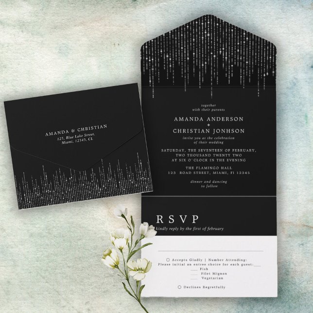 Glittering Silver Black and White Modern Wedding  All In One Invitation (Creator Uploaded)