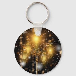 Glittering Snow Falling on the Lamp  Key Ring