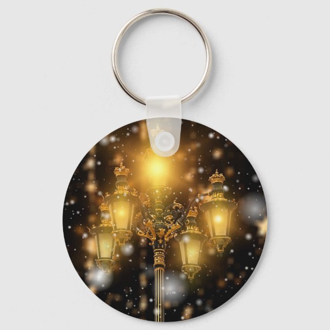 Glittering Snow Falling on the Lamp  Key Ring (Front)