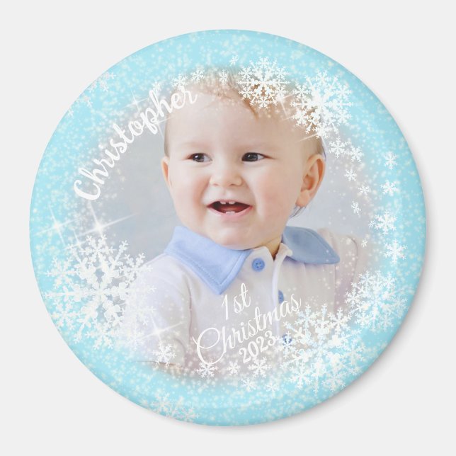 Glittering Snow Flakes Blue Magnet (Front)