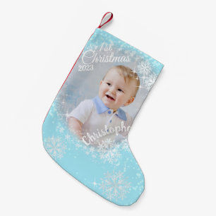 Glittering Snow Flakes Blue Small Christmas Stocking