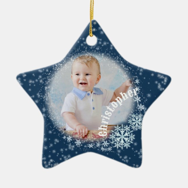 Glittering Snow Flakes Blue Star Ornament  (Front)