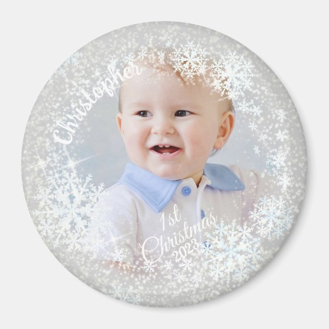Glittering Snow Flakes Grey Magnet (Front)
