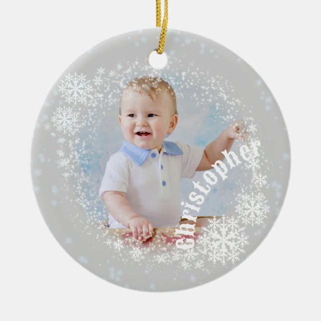 Glittering Snow Flakes Grey Round Ornament  (Front)