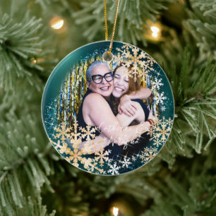 Glittering Snow Flakes Photo Green Ornament