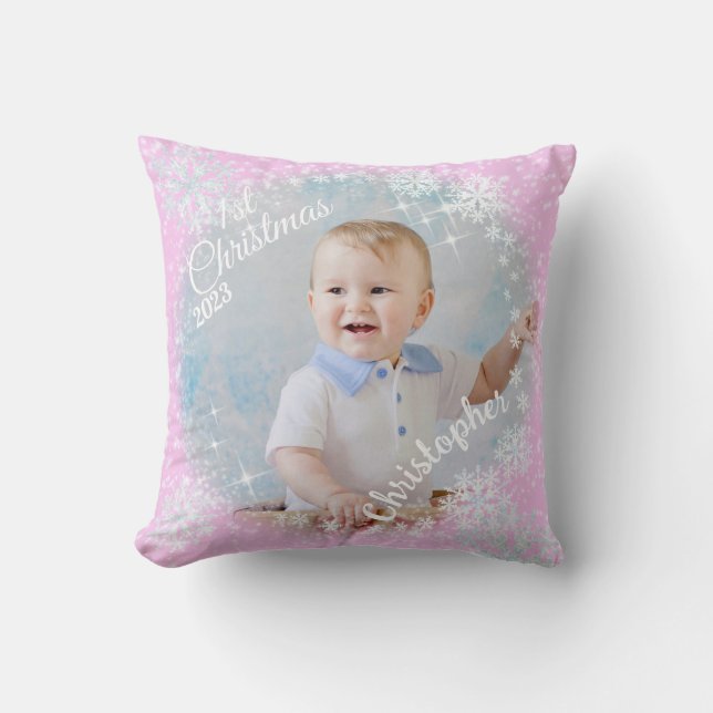 Glittering Snow Flakes Pink Cushion (Front)