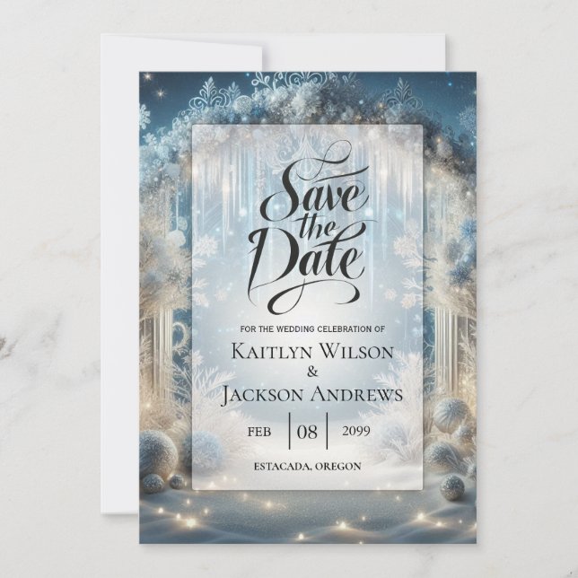 Glittering Snowy Forest Wedding Save The Date (Front)