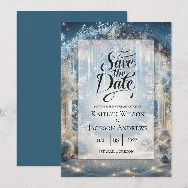 Glittering Snowy Forest Wedding Save The Date (Front/Back)