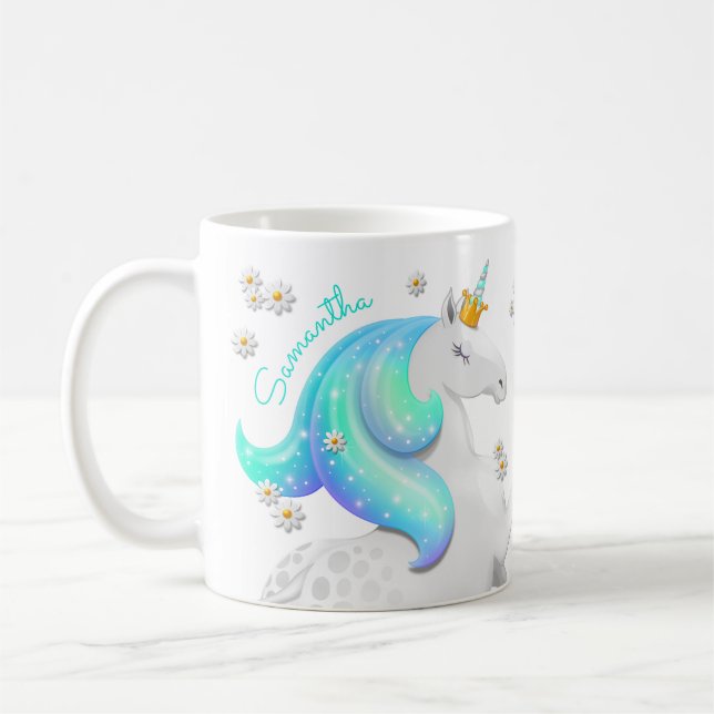 Glittering Turquoise Unicorn Princess with Daises Coffee Mug (Left)