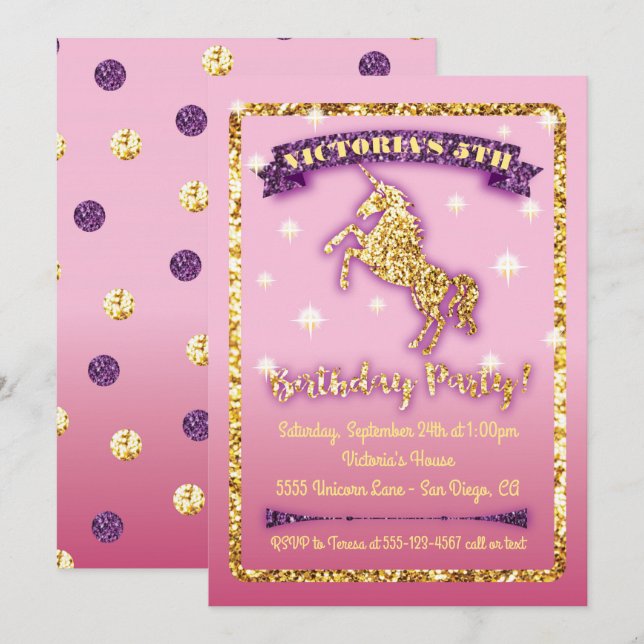 Glittering Unicorn Birthday Party Invitation (Front/Back)