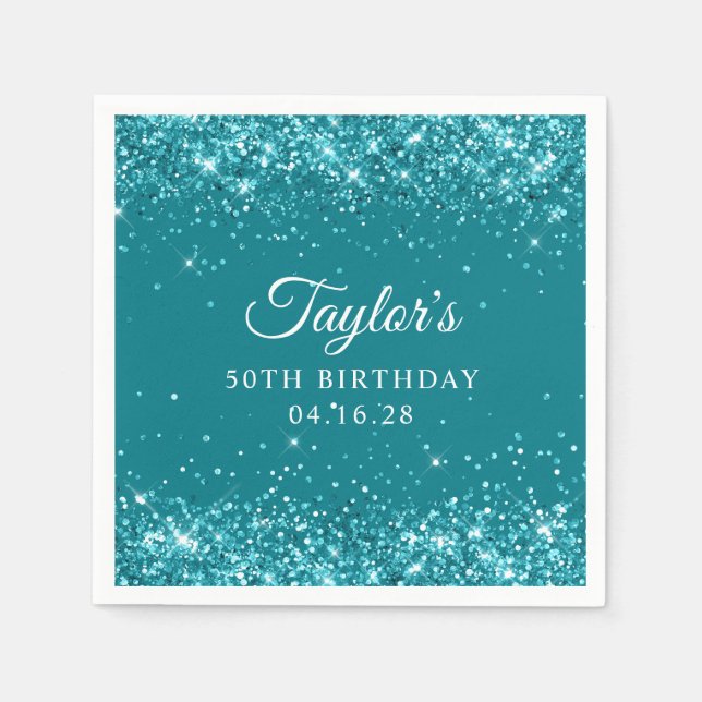 Glittert Dark Turquoise 50th Birthday Napkin (Front)