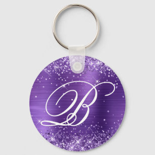Glittery Amethyst Foil Fancy Monogram Key Ring